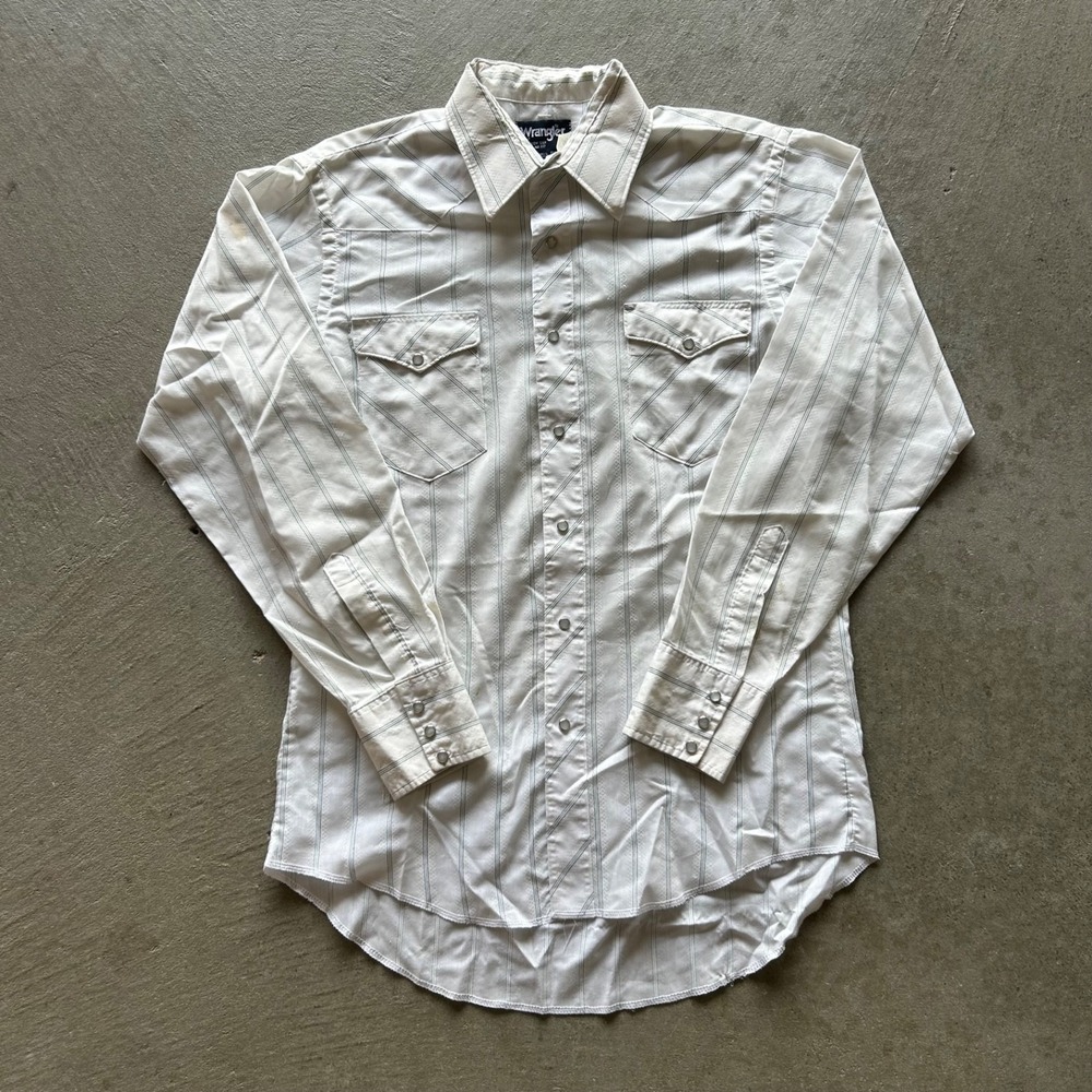 Vintage 80s Wrangler Pearl Snap Shirt Men 15.5 34 Large White Striped Cowboy Cut